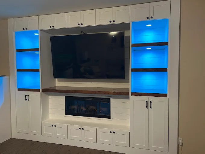 custom entertainment center build with lights